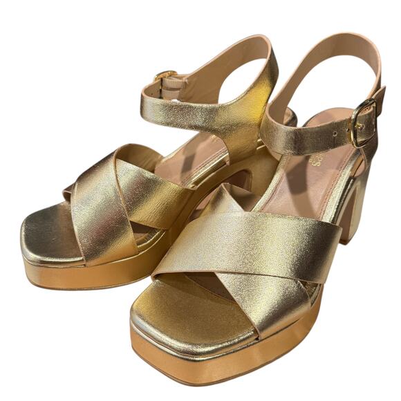 Seychelles Gold Leather Platform Sandals Size 8 | Metallic Chunky Heel Strappy - Picture 2 of 9